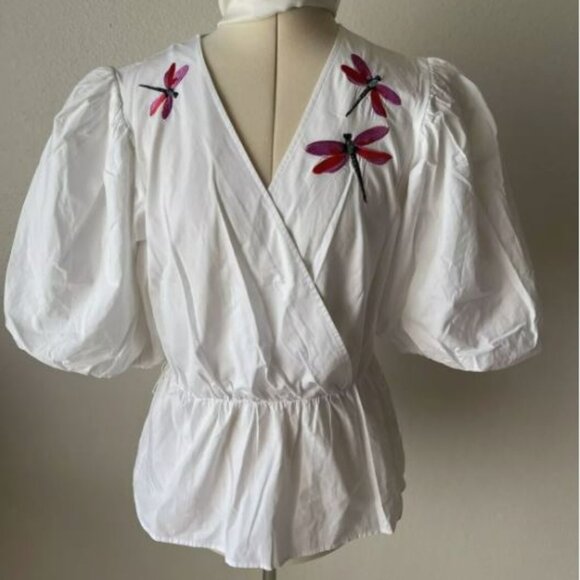 Trina Turk embroidered dragonfly balloon sleeve top SIZE L $220 - Picture 1 of 4